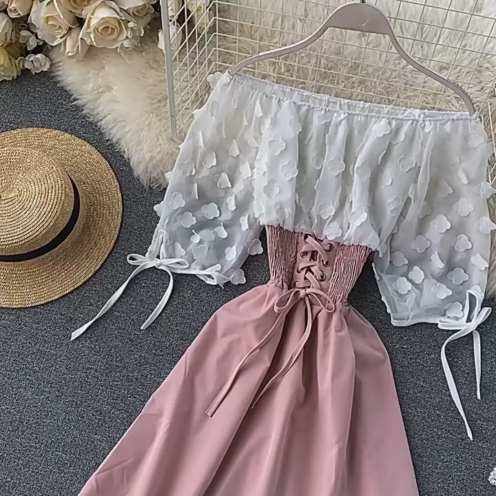 Slash Neck Solid Chiffon Puff Sleeve Flower Party Dress