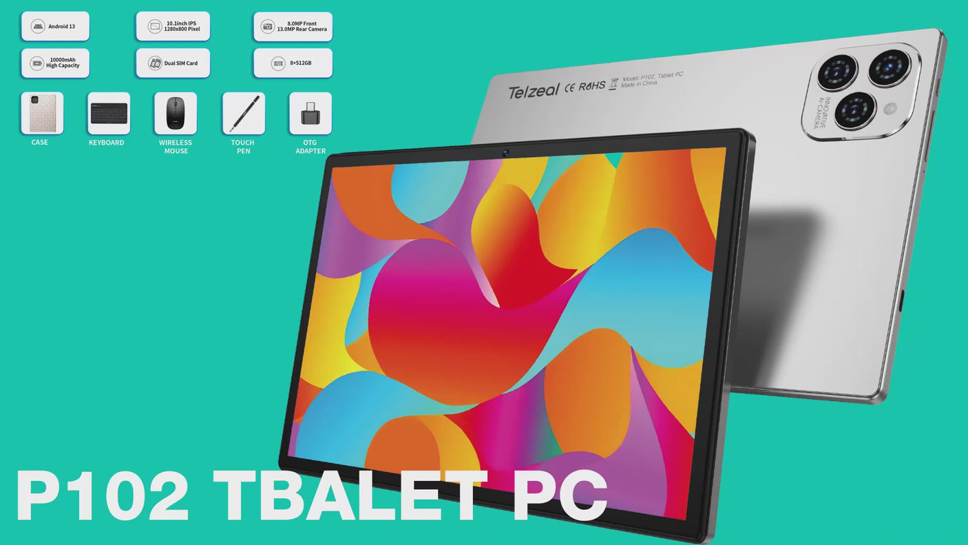 جهاز لوحي Telzeal P102 مقاس 10.1 بوصة، يدعم شريحتي اتصال، مع تقنية 5G