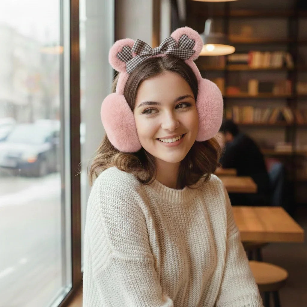Plaid Teddy Bear Cozy Faux Fur Winter Ear Muffs