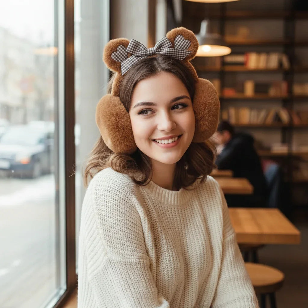 Plaid Teddy Bear Cozy Faux Fur Winter Ear Muffs