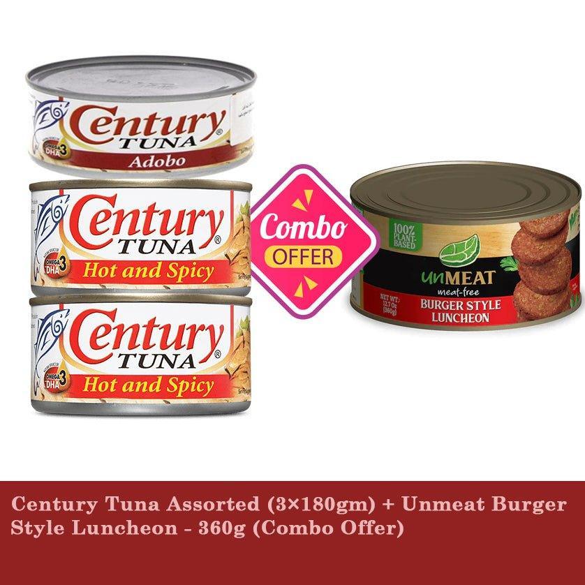 Century Tuna Assorted (3×180gm) + Unmeat Burger Style Luncheon - 360g (Combo Offer) - Pinoyhyper