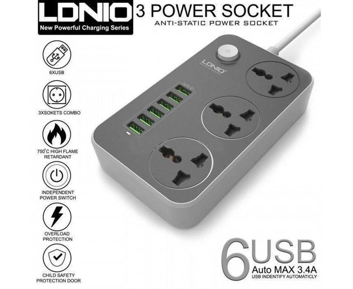 Ldnio 6 USB Ports and 3 Power Socket Extension - 2M - Pinoyhyper