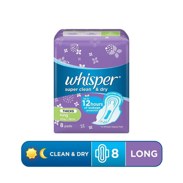 Whisper Super Clean & Dry Long Heavy Flow (28cm) With Wings 8 Sanitary Pads - Pinoyhyper